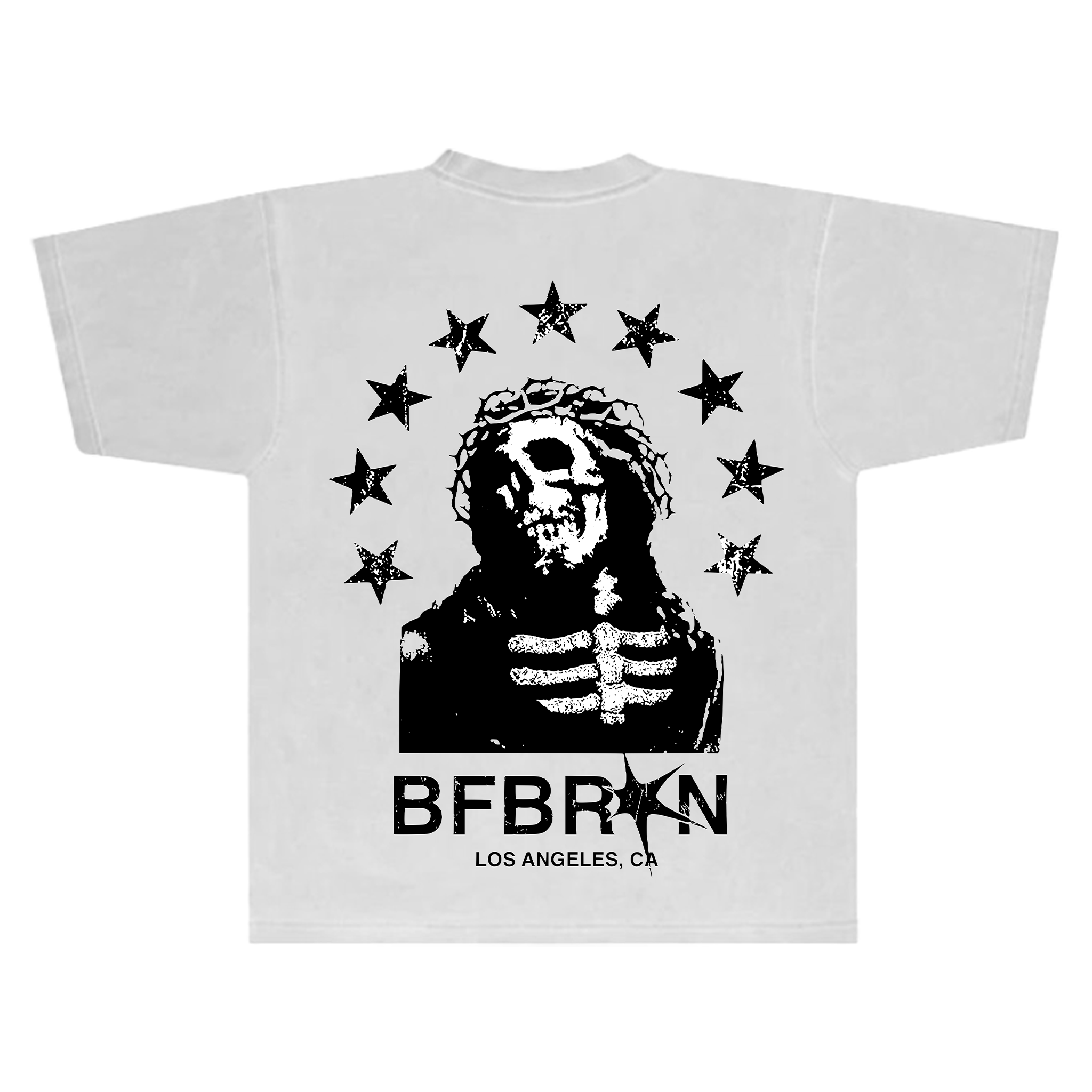 White t-shirt with a black graphic of a skeleton and stars, featuring the text 'BFBRKN' and 'Los Angeles, CA'.